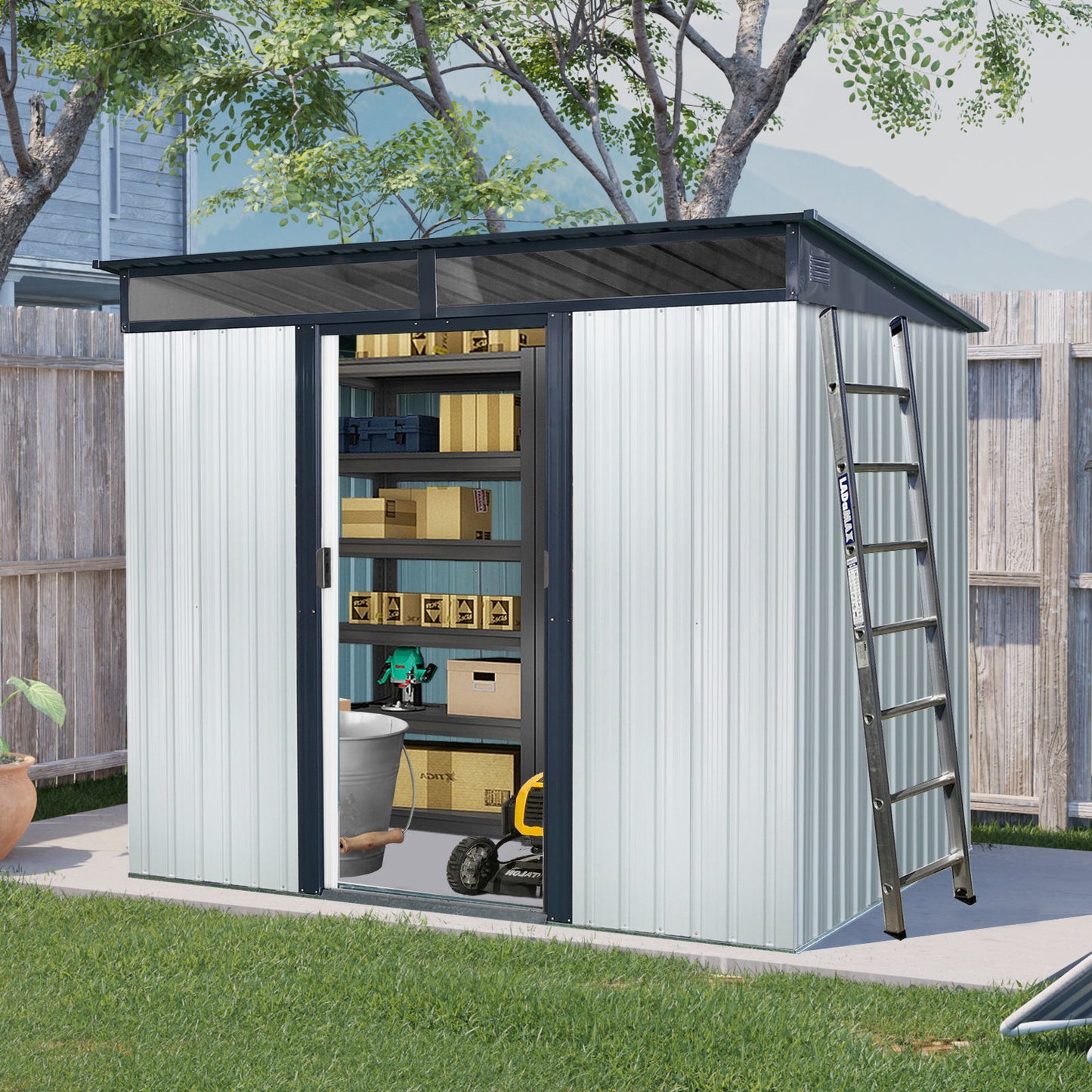 8Ft X 6Ft Outdoor Metal Storage With Lockable Sliding Doors And Transparent Plate For Garden, Lawn - White / Black