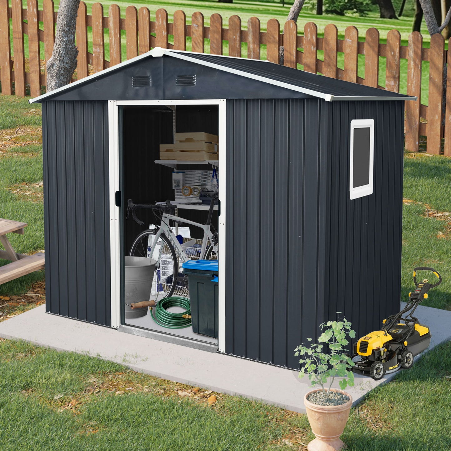 8Ft X 4Ft Outdoor Metal Storage Shed With Window And Metal Foundation For Backyard, Patio, Lawn - Black / White