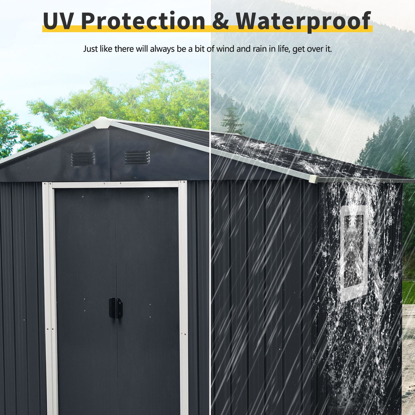 8Ft X 4Ft Outdoor Metal Storage Shed With Window And Metal Foundation For Backyard, Patio, Lawn - Black / White