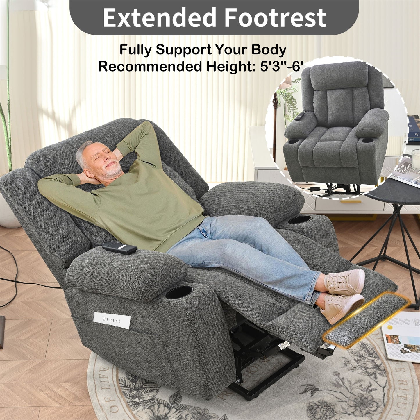 Power Lift Recliner Chair - Fabric Single Sofa With Extended Footrest, Remote Control, Cup Holders, And Side Pockets For Living Room Or Home Theater - Dark Gray