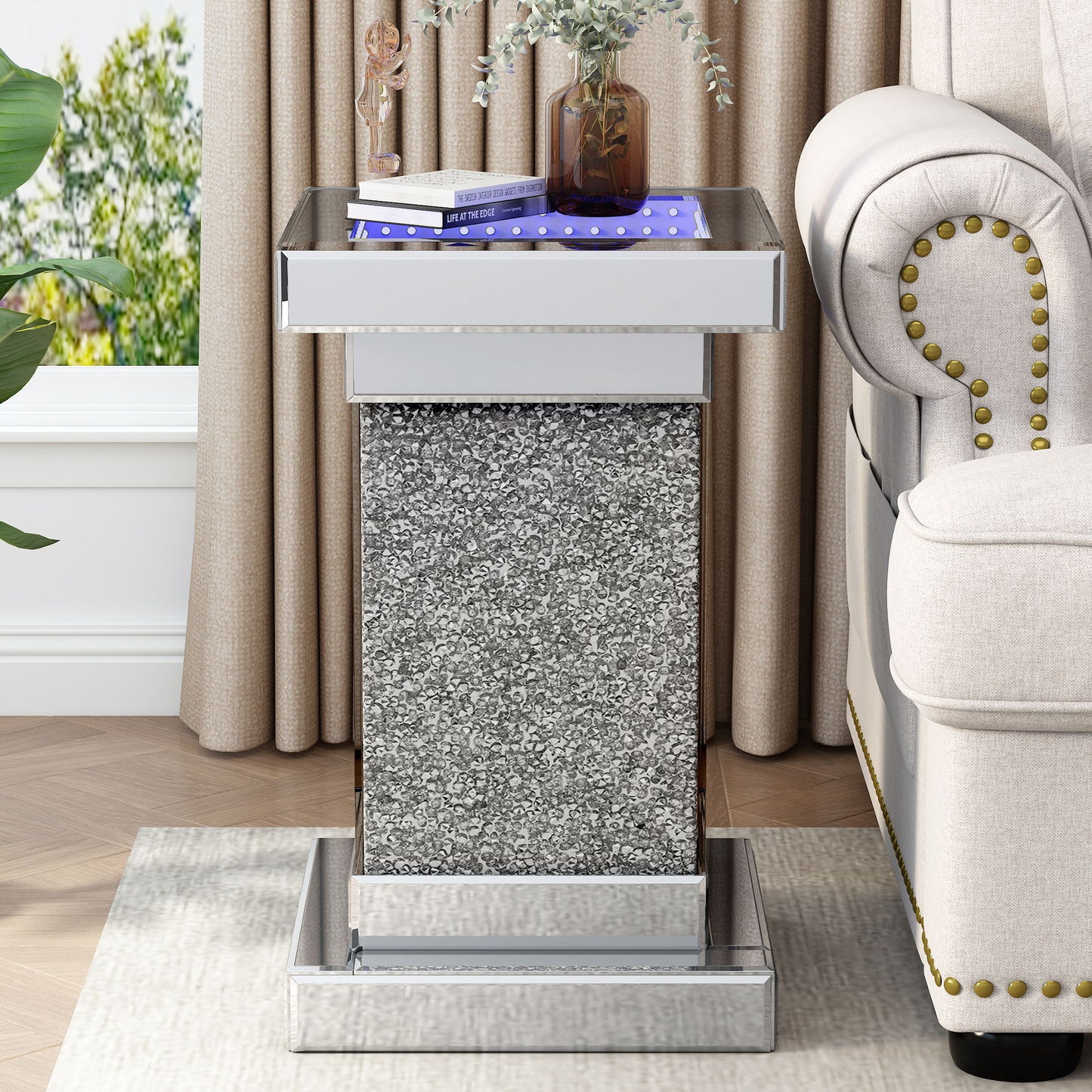 Square Mirrored End Table With Led Lights, Modern Side Table With Crushed Diamond For Living Room - Silver