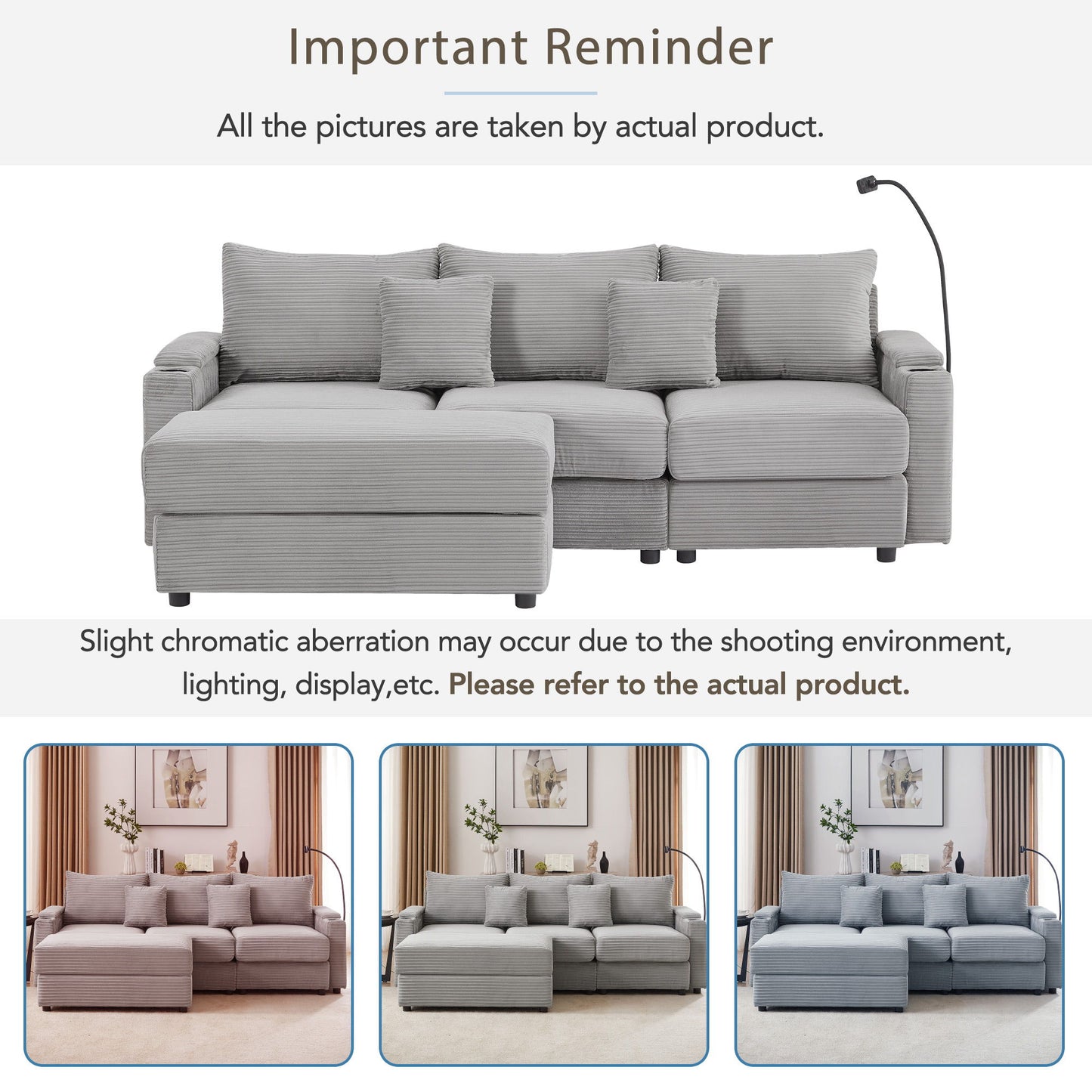 Modern Style 3 - Seater Sofa Sectional Sofa Couch With Storage Space, A Movable Ottoman, Two USB Ports, Two Cup Holders, A Phone Holder For Living Room - Gray