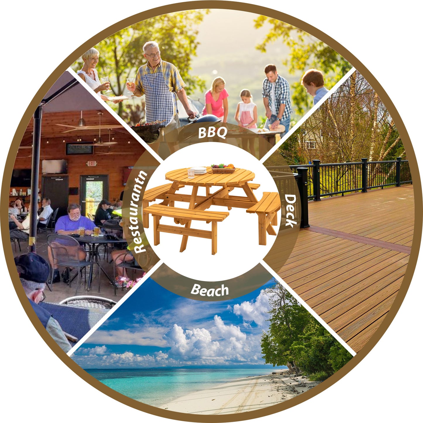 8 Person Wooden Picnic Table, Outdoor Camping Dining Table With Seat, Garden, Diy With 4 Built-In Benches, 2220Lb Capacity - Natural