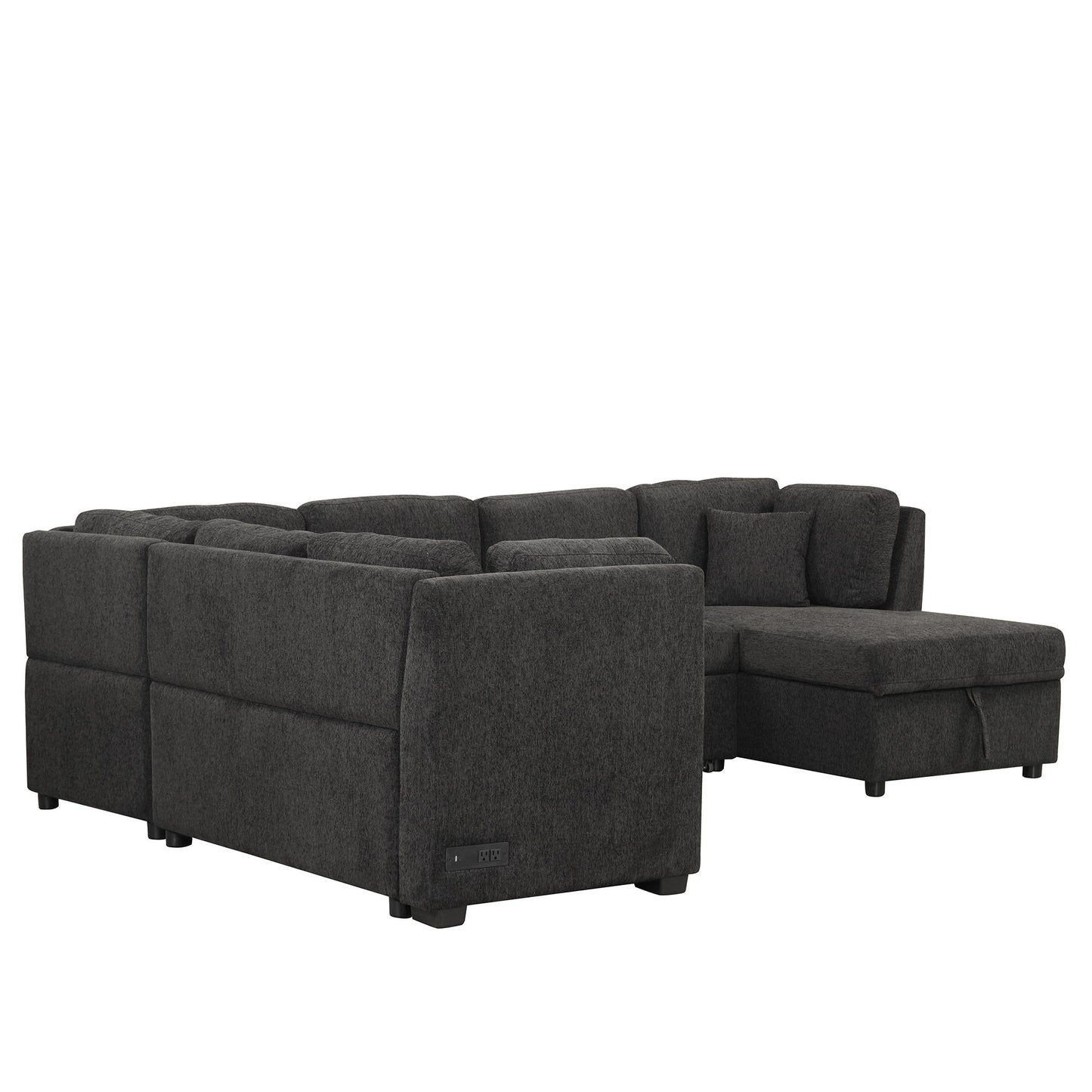 U-Shaped Sectional Sofa Pull Out Sofa Bed With Two USB Ports, Two Power Sockets, Three Back Pillows And A Storage Chaise For Living Room - Black