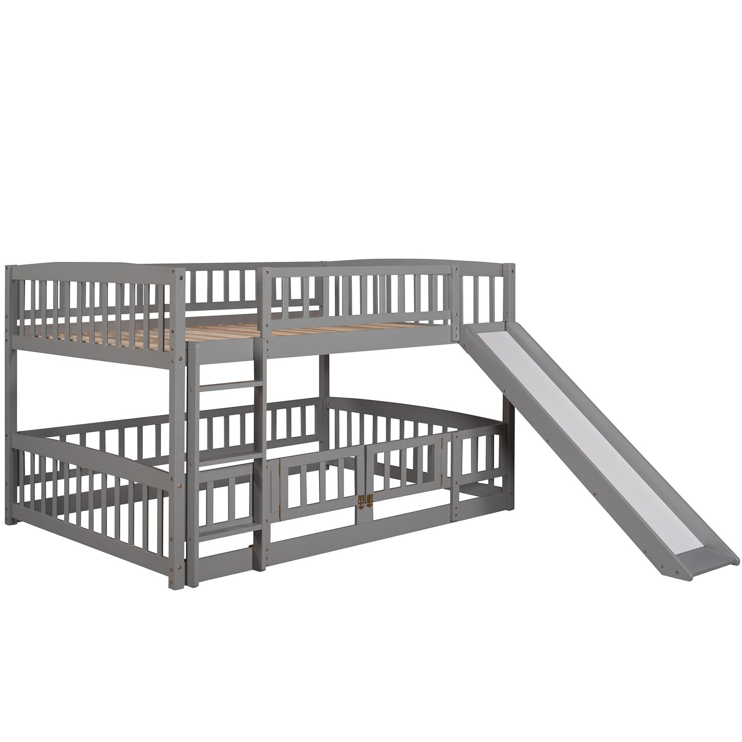Full Over Full Low Bunk Bed With Slide, Fence And Ladder - Gray