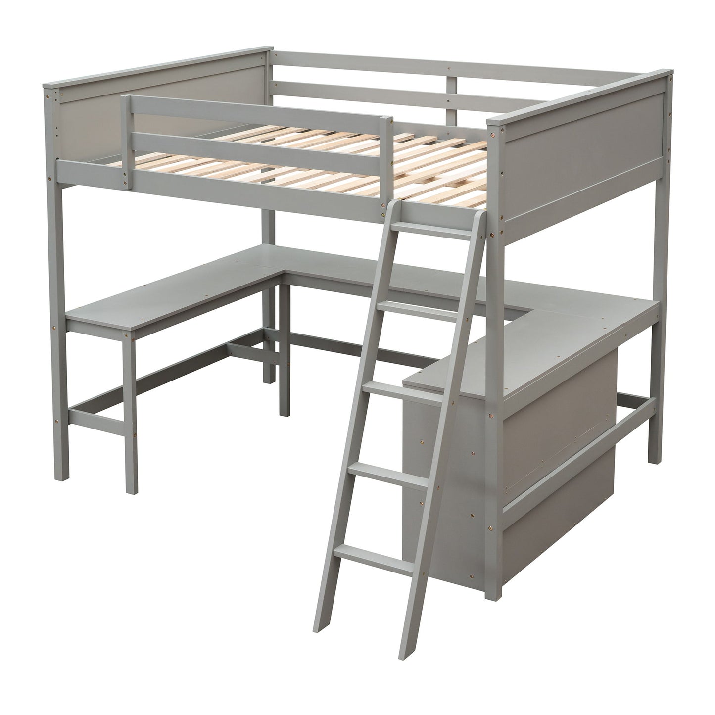 Full Size Loft Bed With Shelves With Desk - Gray