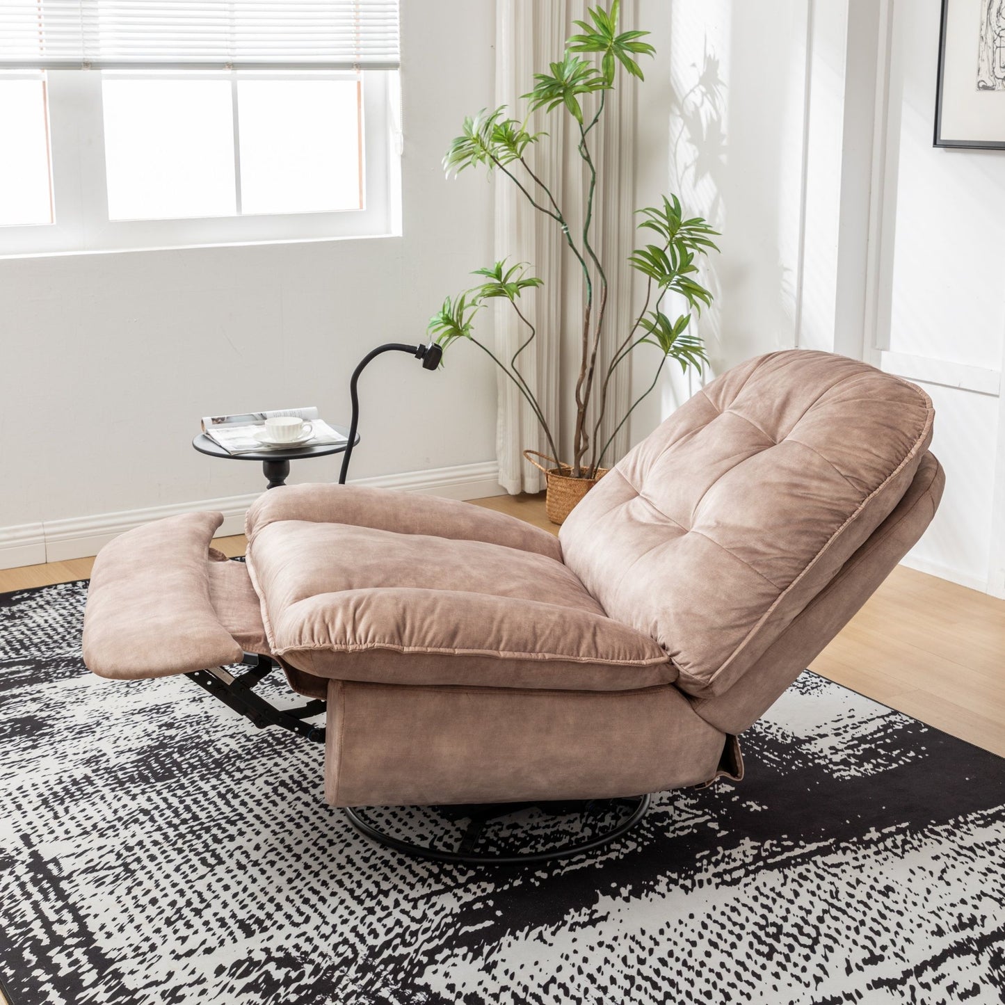 Modern Swivel Gliding Recliner Chair With Rocking Function And Phone Holder - Large Comfortable Reading Chair Stamped Velvet - Natural Brown
