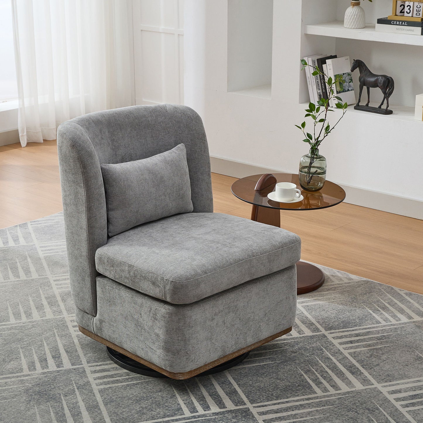 Modern Cushioned Armless Metal Base 360 Degree Swivel Chair With Pillow, Suitable For Living Room, Family Room, Bedroom, Lounge Area, Office - Gray