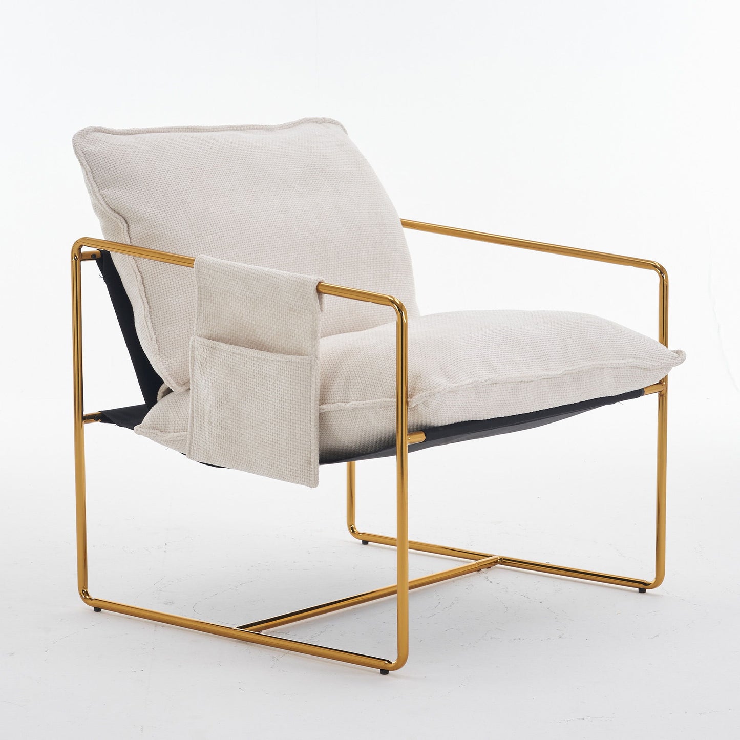 Upholstered Hanging Armchair With Arm Pocketsmetal Frame, Gold-Plated Craftsmanship, Crushed Foam Cushions And Skin-Friendly Woven Fabric For Living Room (Set of 2) - Beige