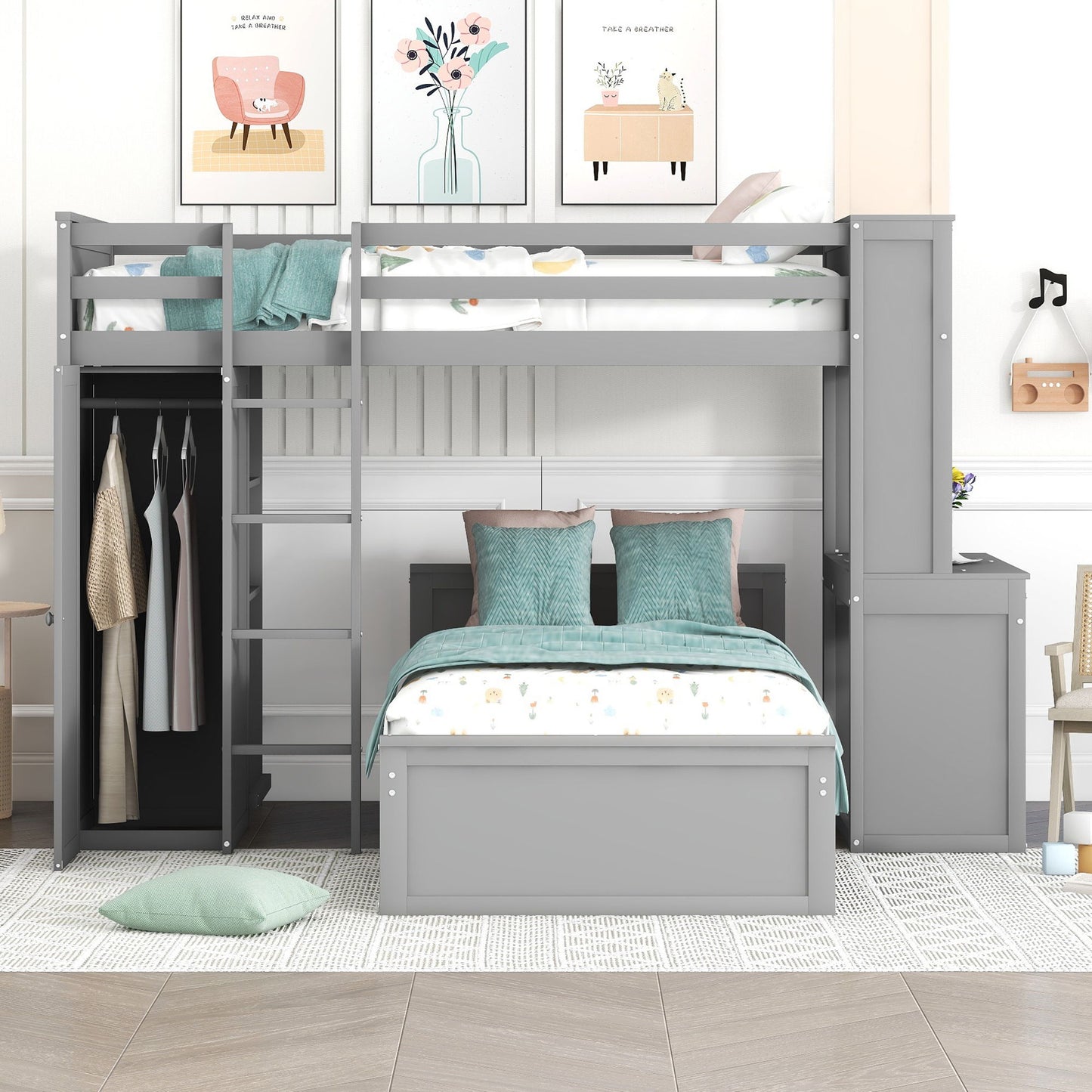 Twin Size Loft Bed With A Stand Alone Bed, Shelves, Desk, And Wardrobe - Gray