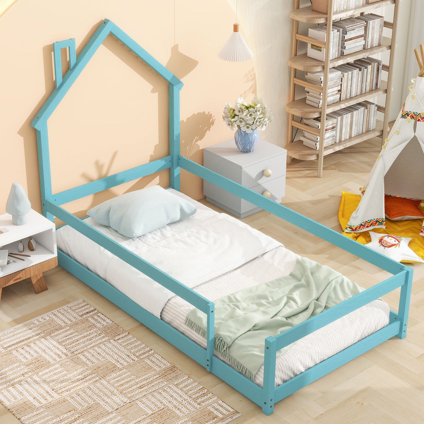 Twin Size Wood Bed With House-Shaped Headboard Floor Bed With Fences - Light Blue