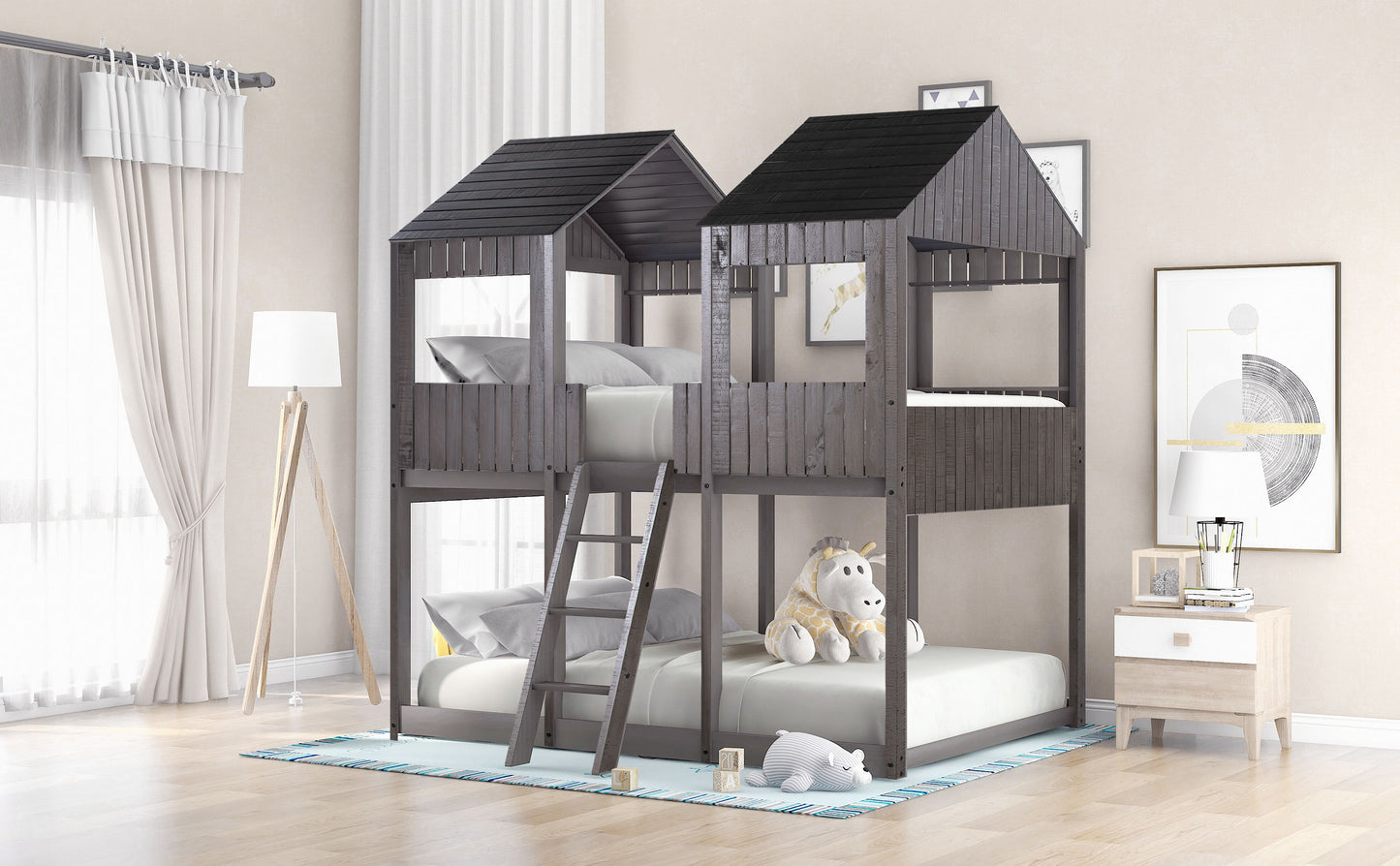 Full Over Full Bunk Bed With Roof, Window, Guardrail, Ladder - Antique Gray