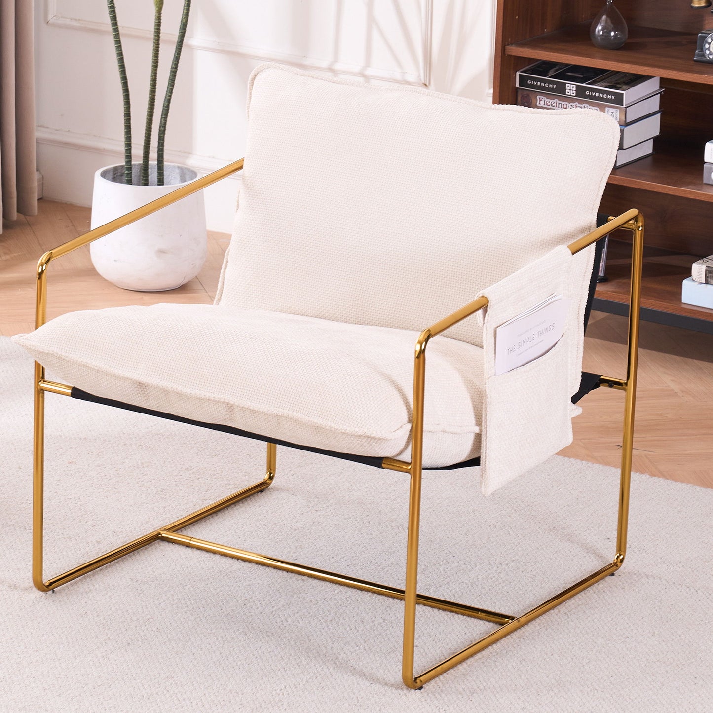 Upholstered Hanging Armchair With Arm Pocketsmetal Frame, Gold-Plated Craftsmanship, Crushed Foam Cushions And Skin-Friendly Woven Fabric For Living Room (Set of 2) - Beige