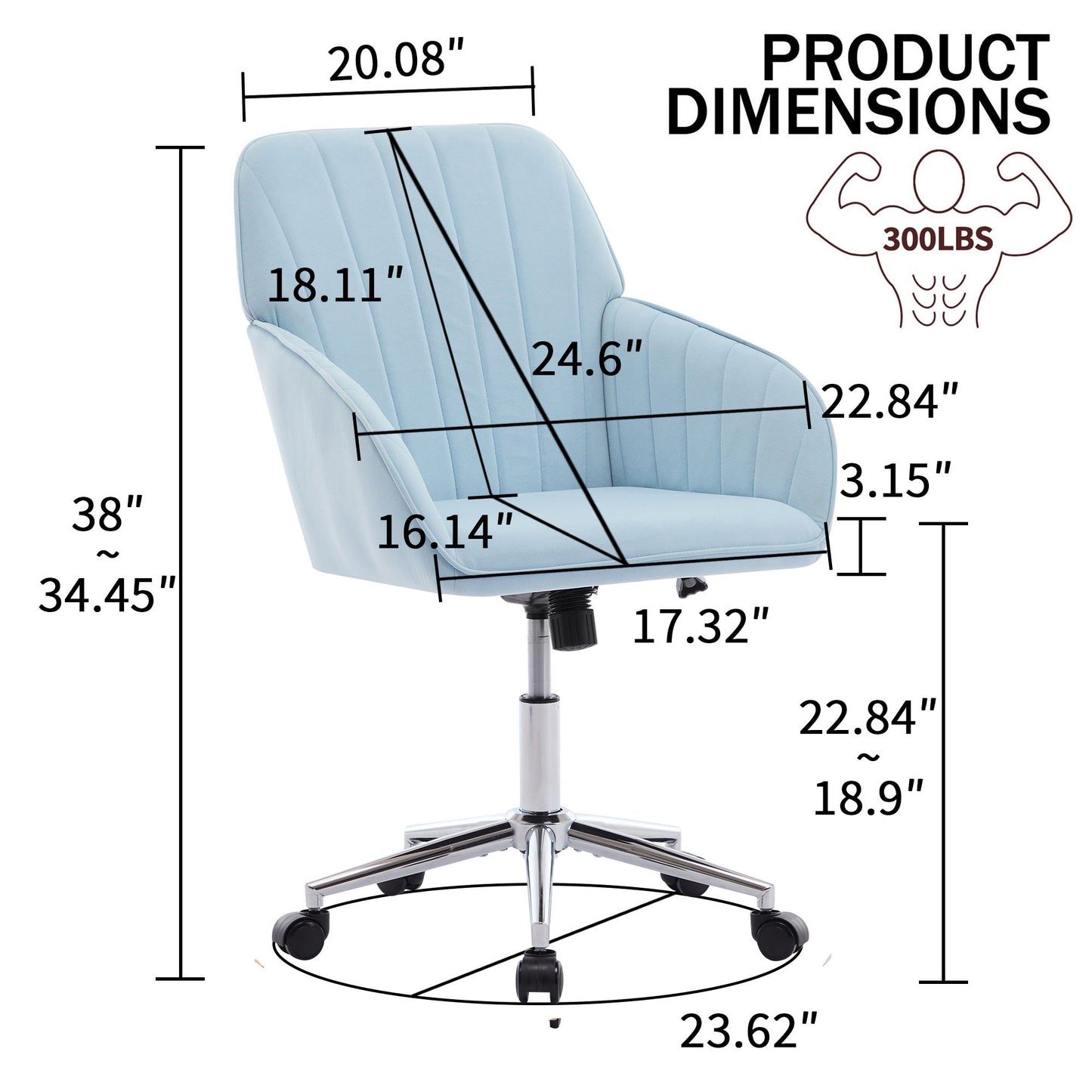 Adjustable Office Chair, Home Bedroom, Ergonomic Swivel Chair, Backrest Seat, Comfortable For Long Sitting - Baby Blue