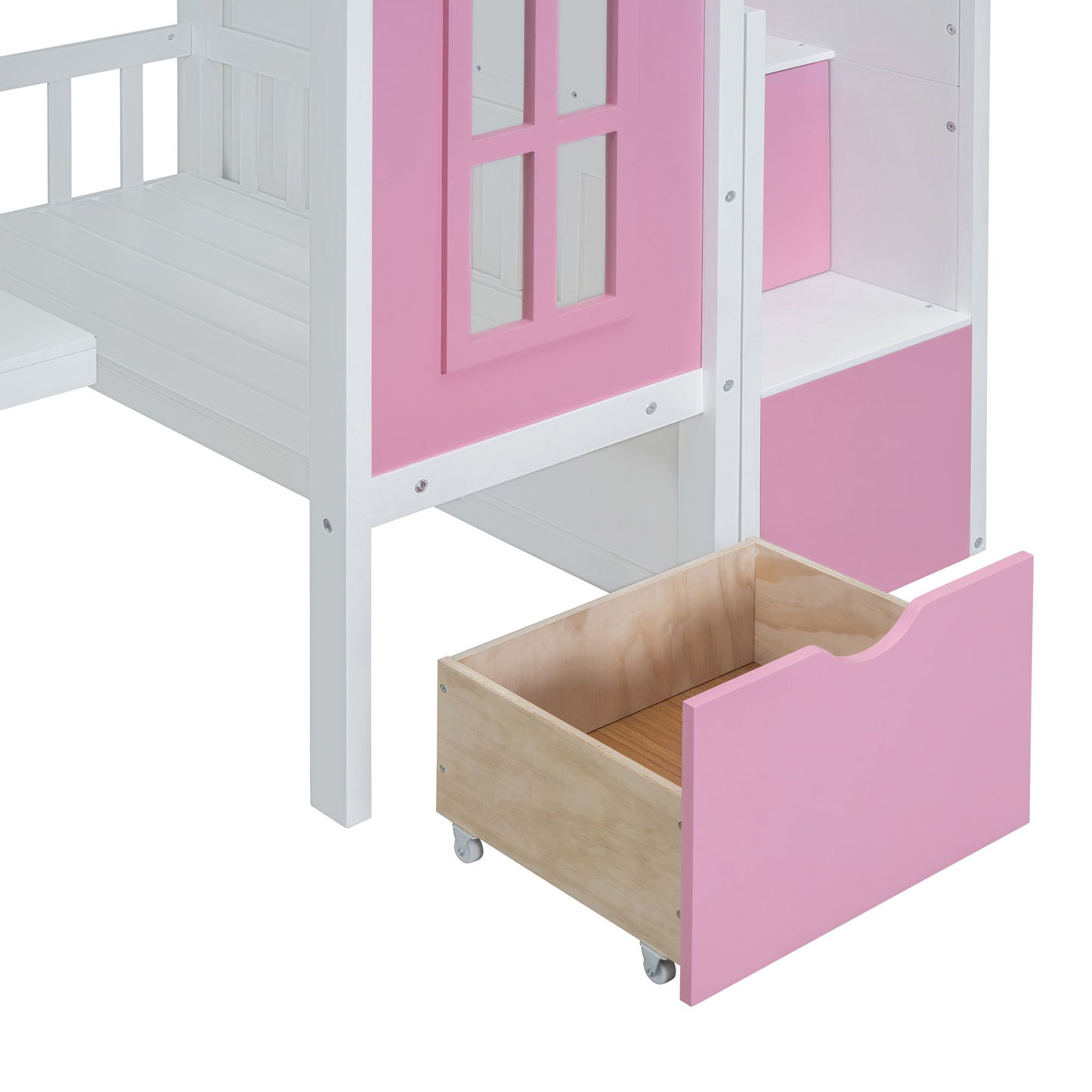 Twin Over Twin Bunk Bed With Changeable Table, Bunk Bed Turn Into Upper Bed And Down Desk - Pink