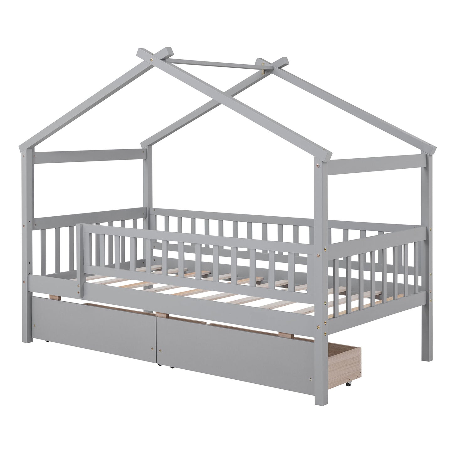 Twin Size House Bed With 2 Drawers - Gray