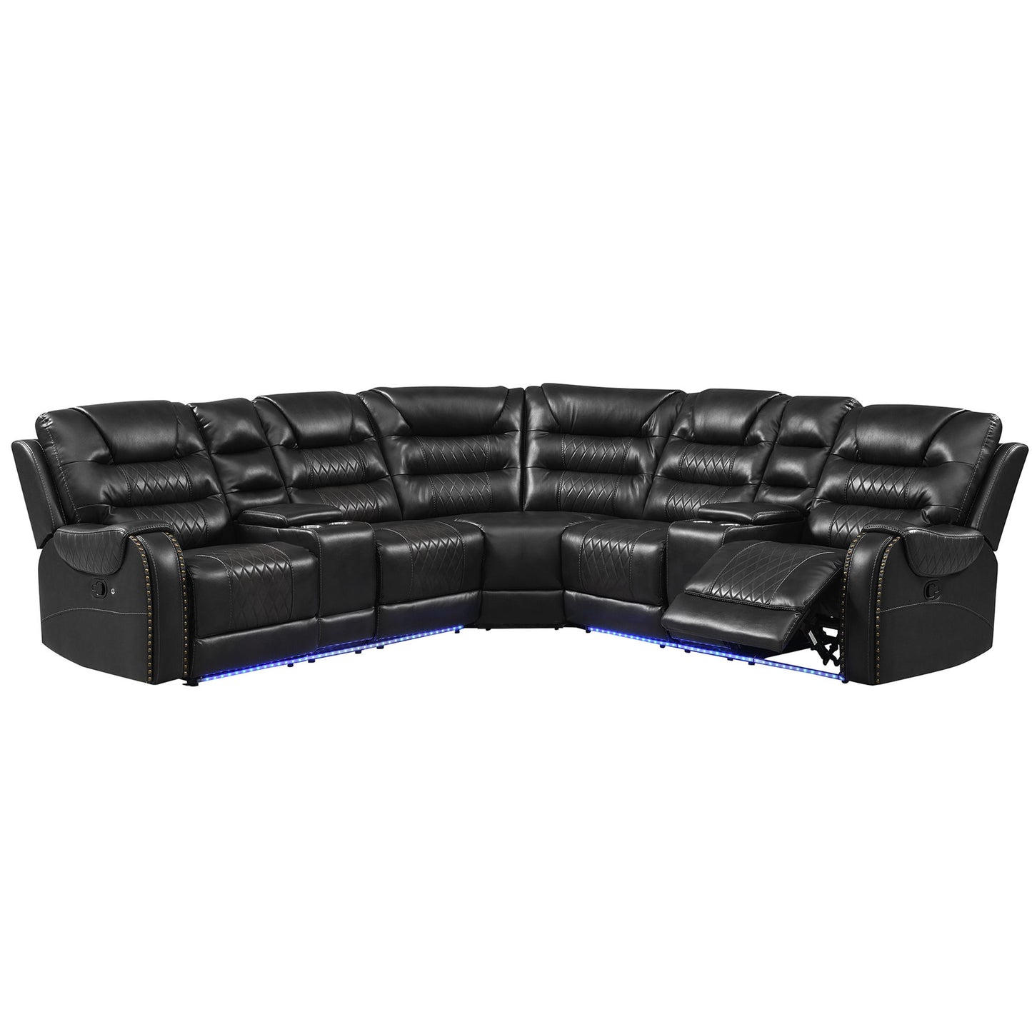 Manual Reclining Sectional Sofa Set L Shaped Symmetrical Motion Sofa Corner Couch Sets With Storage Boxes, 4 Cup Holders And LED Light Strip For Living Room - Black