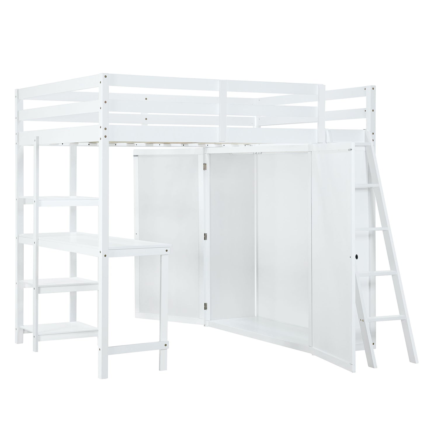 Full Size Loft Bed With Wardrobe And Desk And Shelves - White