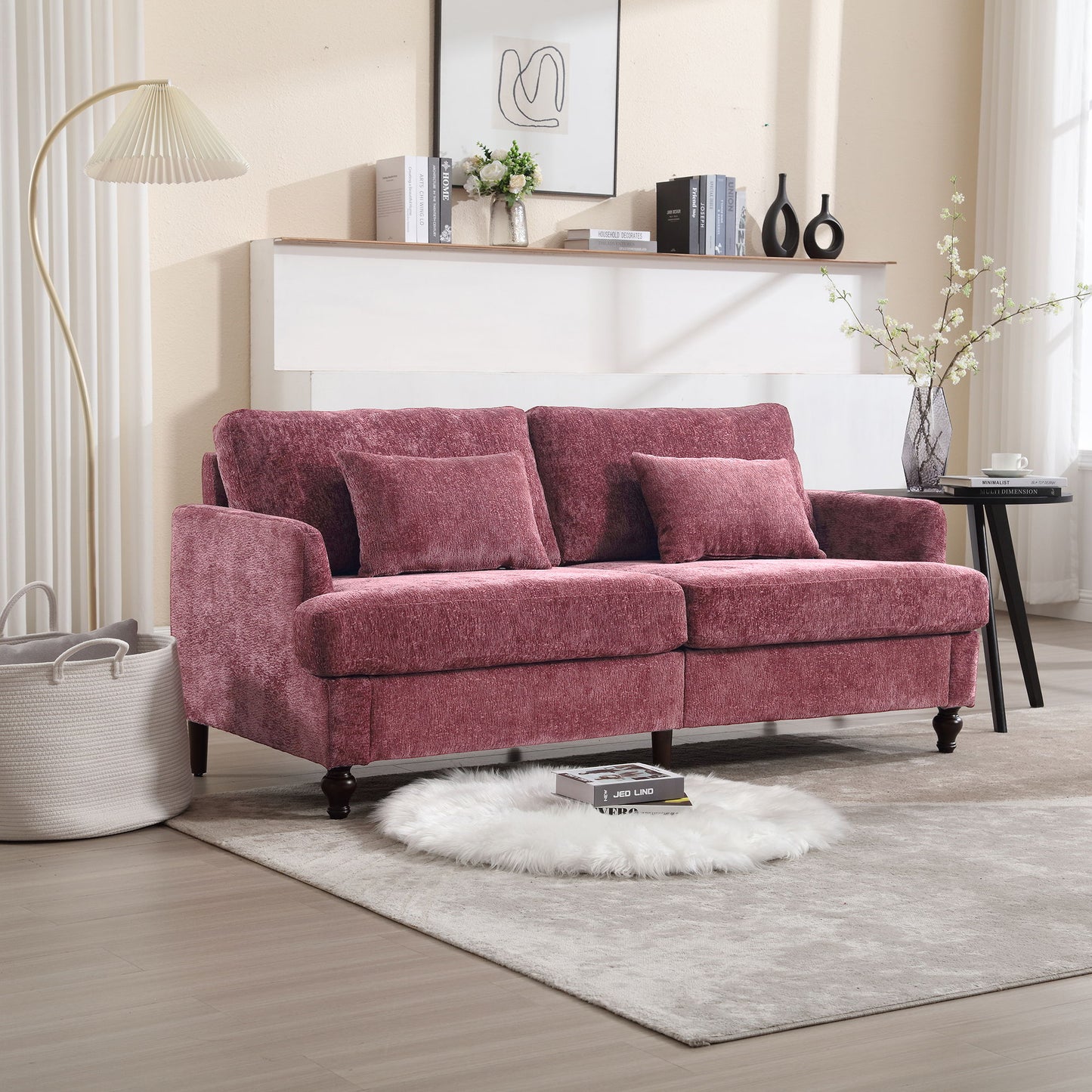 Mid Century Modern Chenille Fabric Loveseat Sofa, 2 Seat Upholstered Couch With Wood Feet - Wine Red