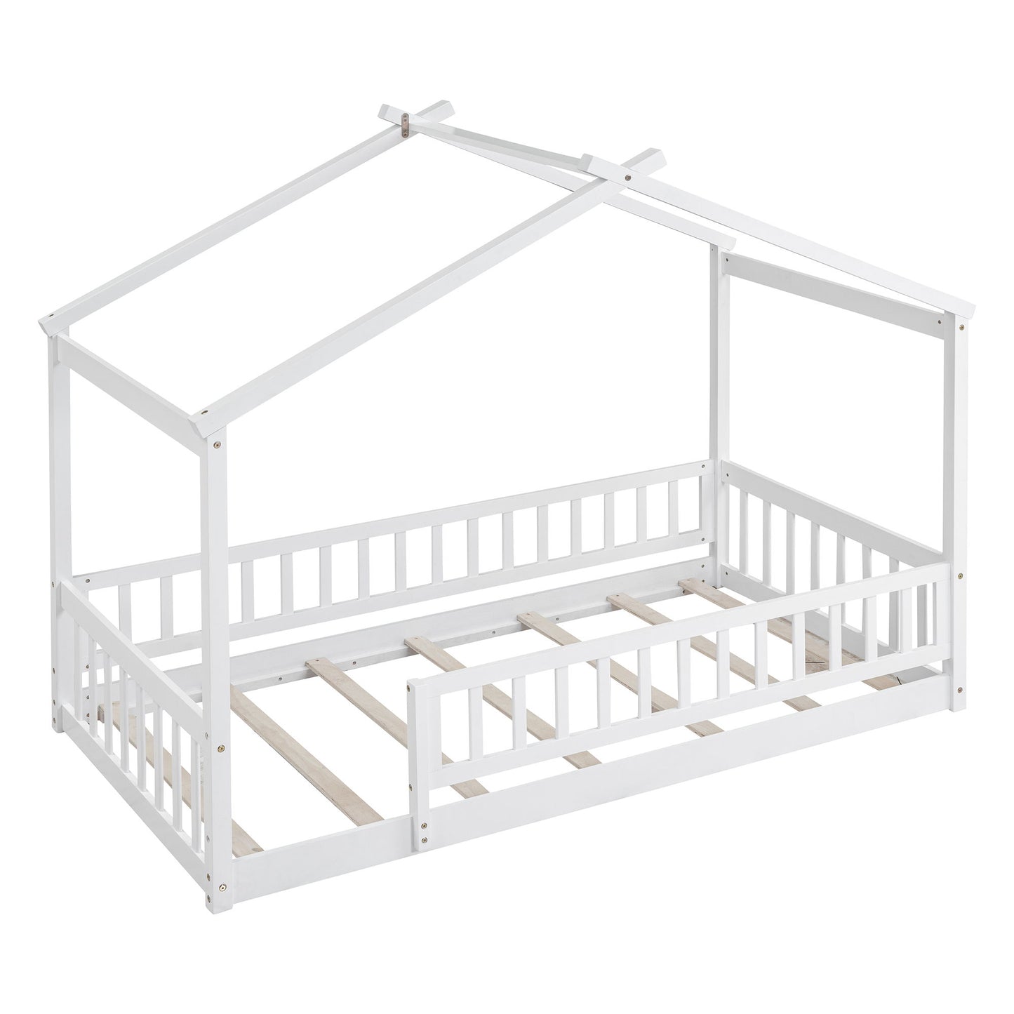 Twin Size Bed House Bed Frame & Fence - White