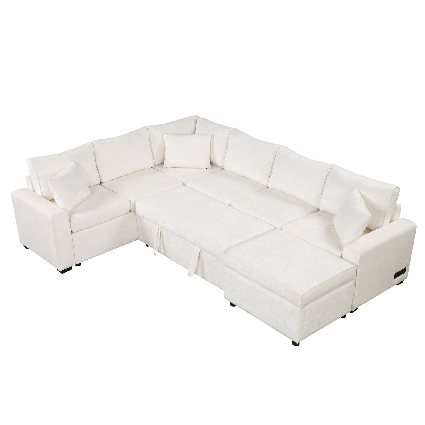 Sectional Sofa Pull-Out Sofa Bed Sleeper With A Storage Ottoman, Three Pillows And Charging Devices For Living Room - Cream