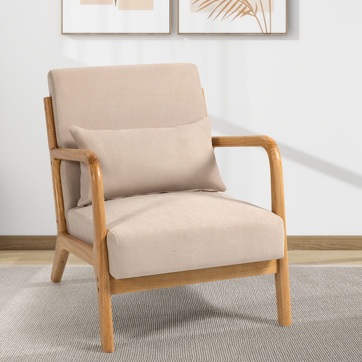 Leisure Chair With Solid Wood Armrest And Feet, Mid-Century Modern Accent Sofa, 1 Seat - Beige