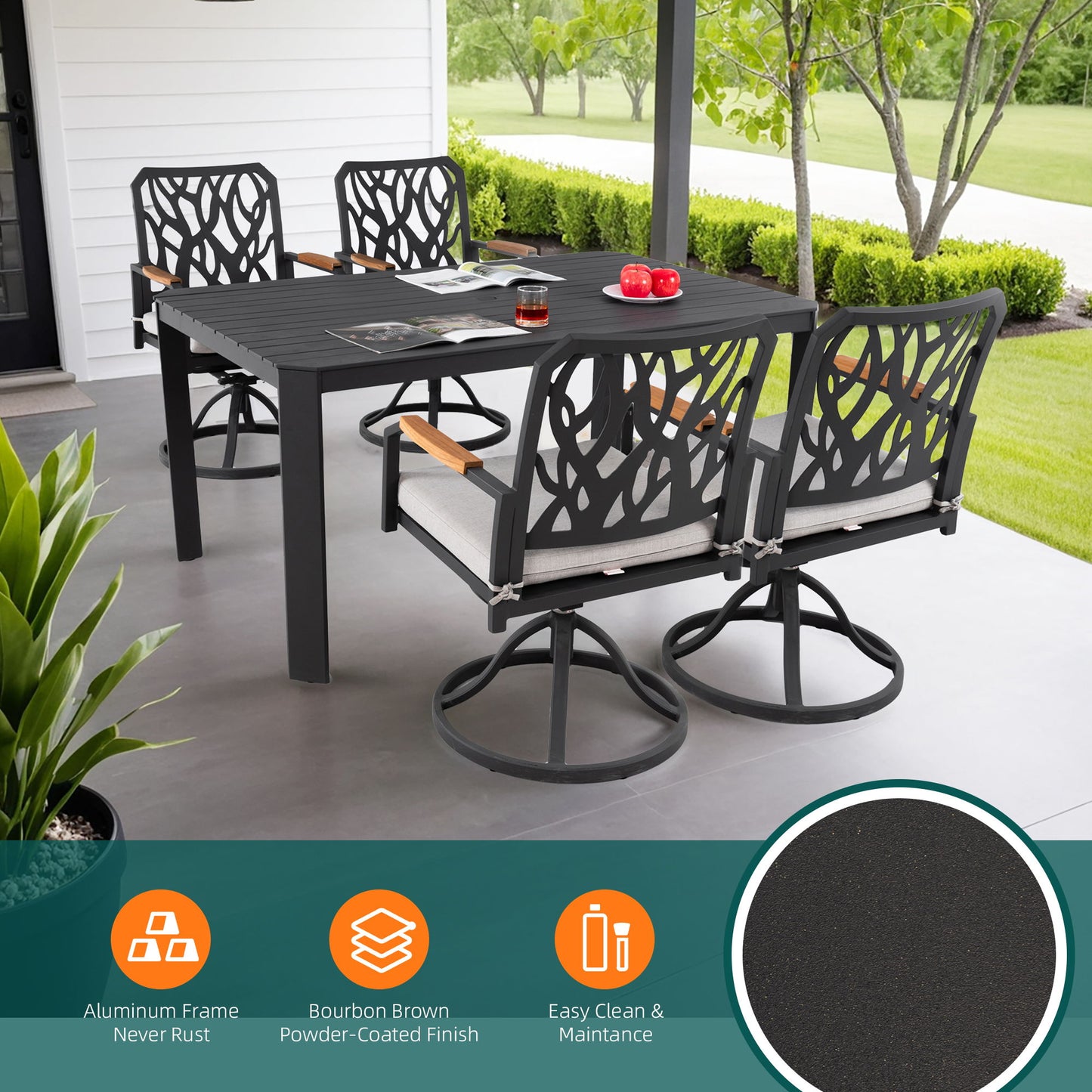 5 Pieces Outdoor Patio Furniture Set, 4 Swivel Rockers Sunbrella Fabric Cushioned, Rectangular Table With Umbrella Hole - Bourbon Brown