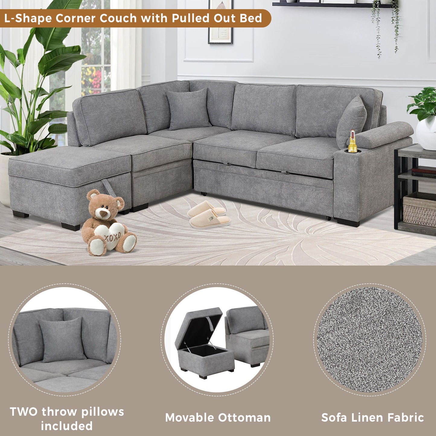 Sleeper Sofa Bed, 2 In 1 Pull Out Sofa Bed L Shape Couch With Storage Ottoman For Living Room, Bedroom Couch And Small Apartment - Gray