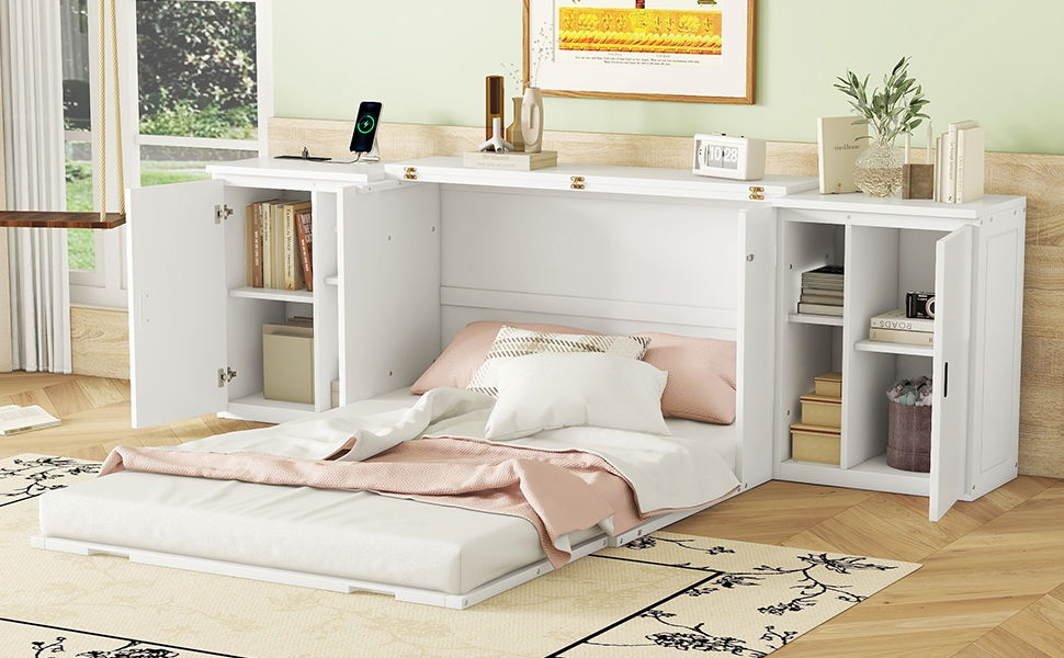 Full Size Murphy Bed With Shelves, Cabinets And USB Ports - White