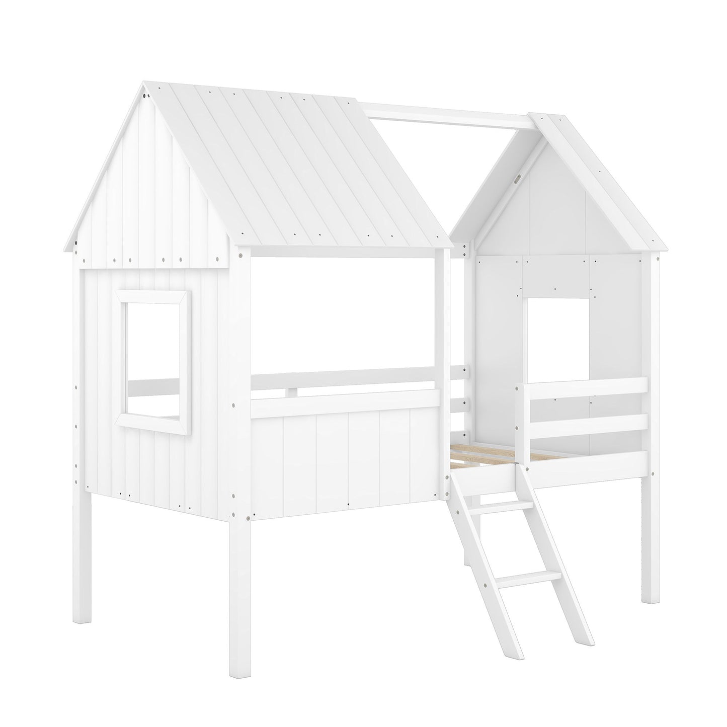 Twin Size Low Loft House Bed With Two Side Windows - White