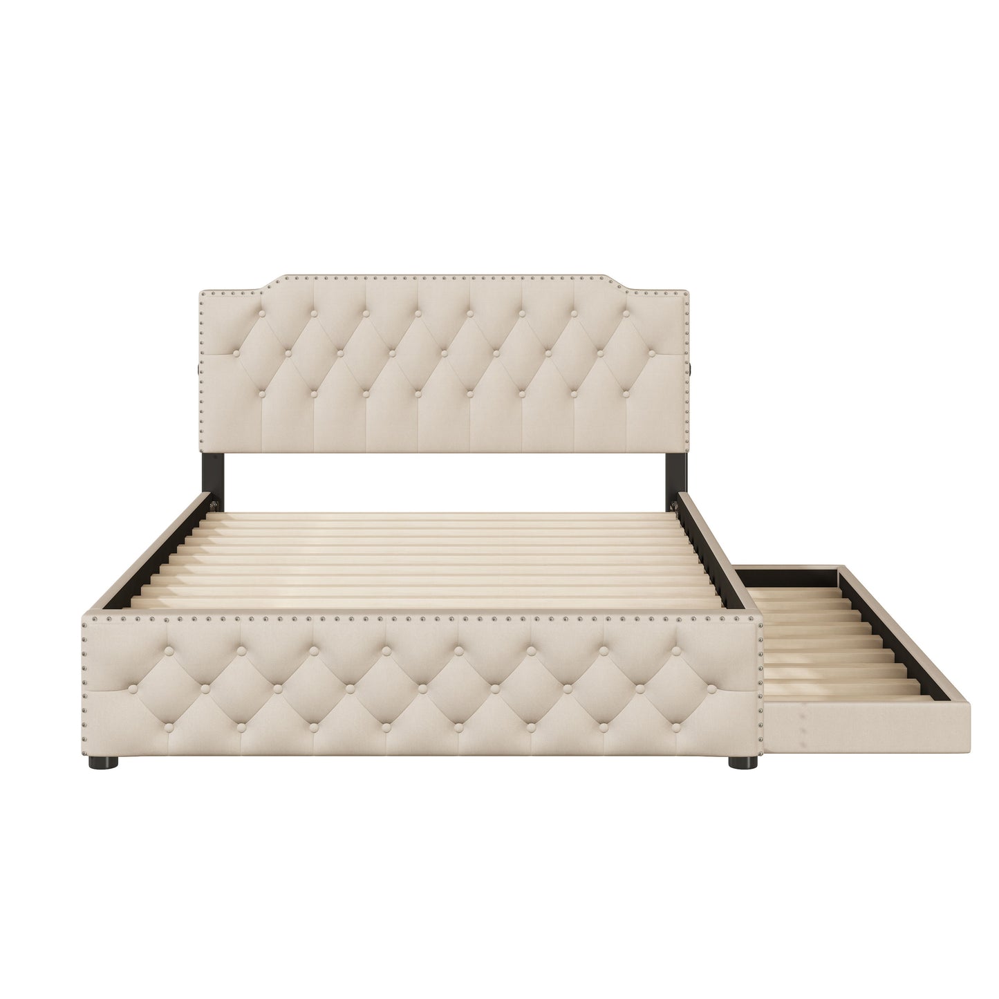 Queen Size Upholstered Platform Bed With Twin Size Trundle And 2 Sets Of USB Ports On Each Side - Beige