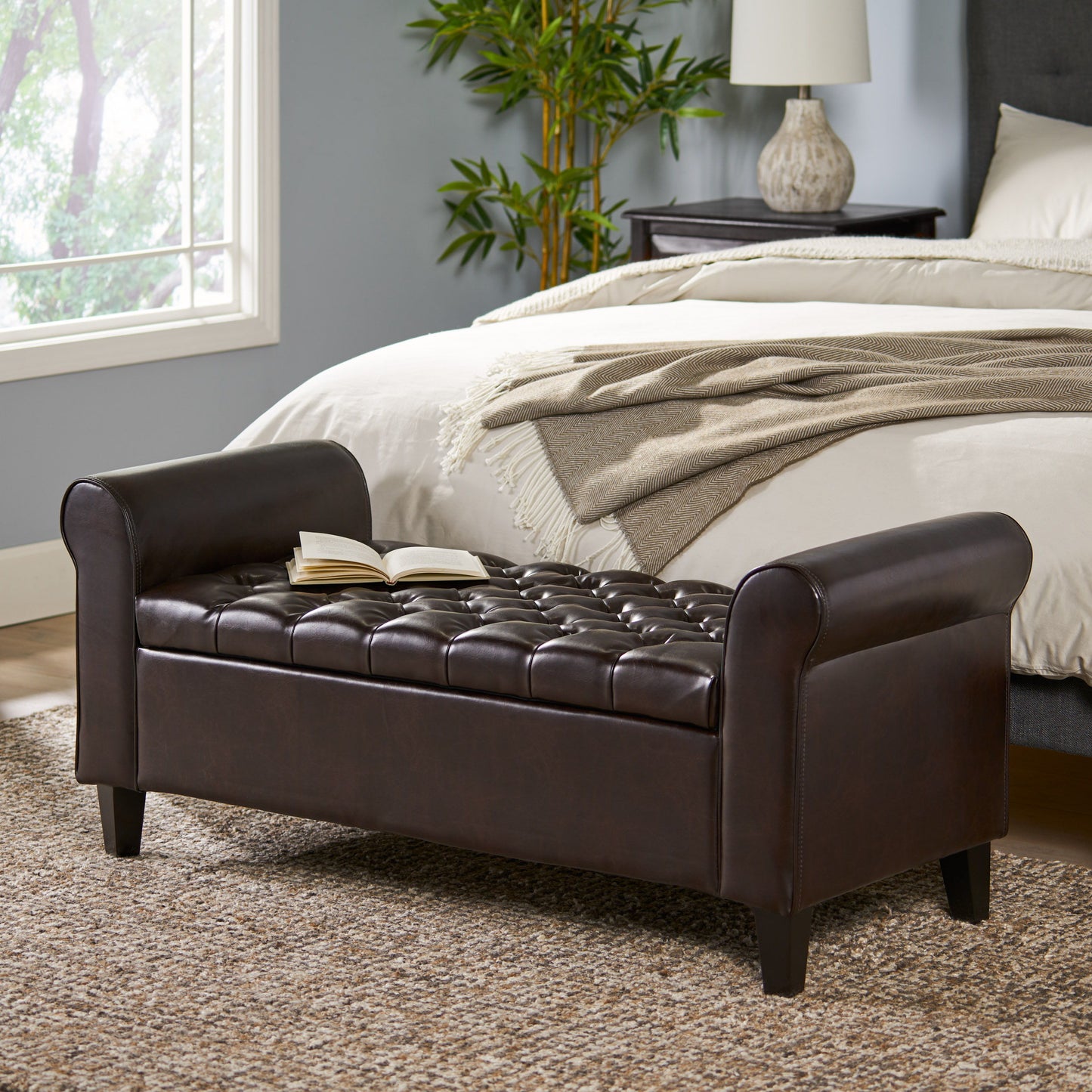 Hayes Contemporary Armed Storage Bench With Button Tufting - Brown