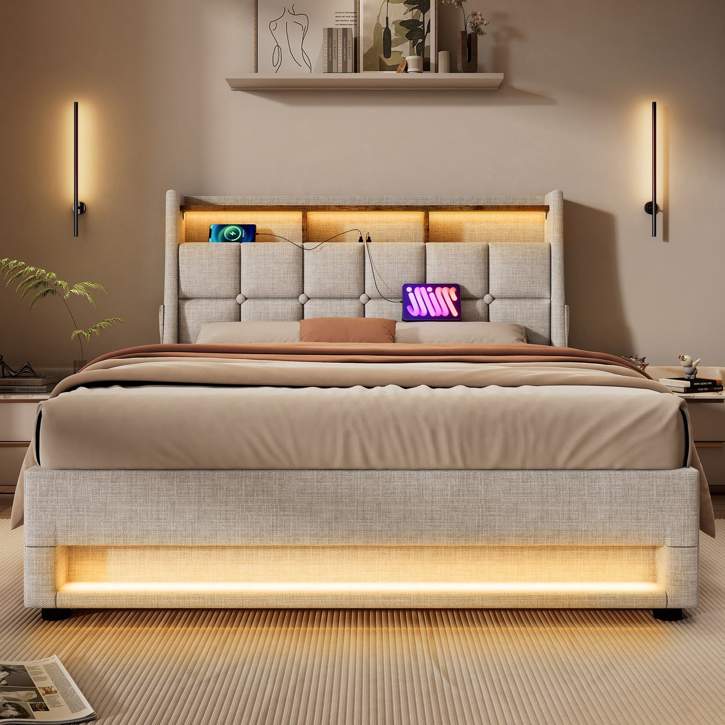 Full Size Upholstered Platform Bed With A Hydraulic Storage System, LED And USB Charging (Without Mattress) - Natural