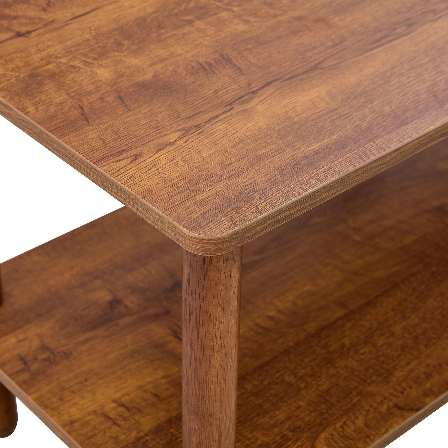 Modern 2 Tier Coffee Table For Living Room Furniture, Rectangular Center Table With Open Storage Shelf, Rounded Rubberwood Legs - Walnut Brown