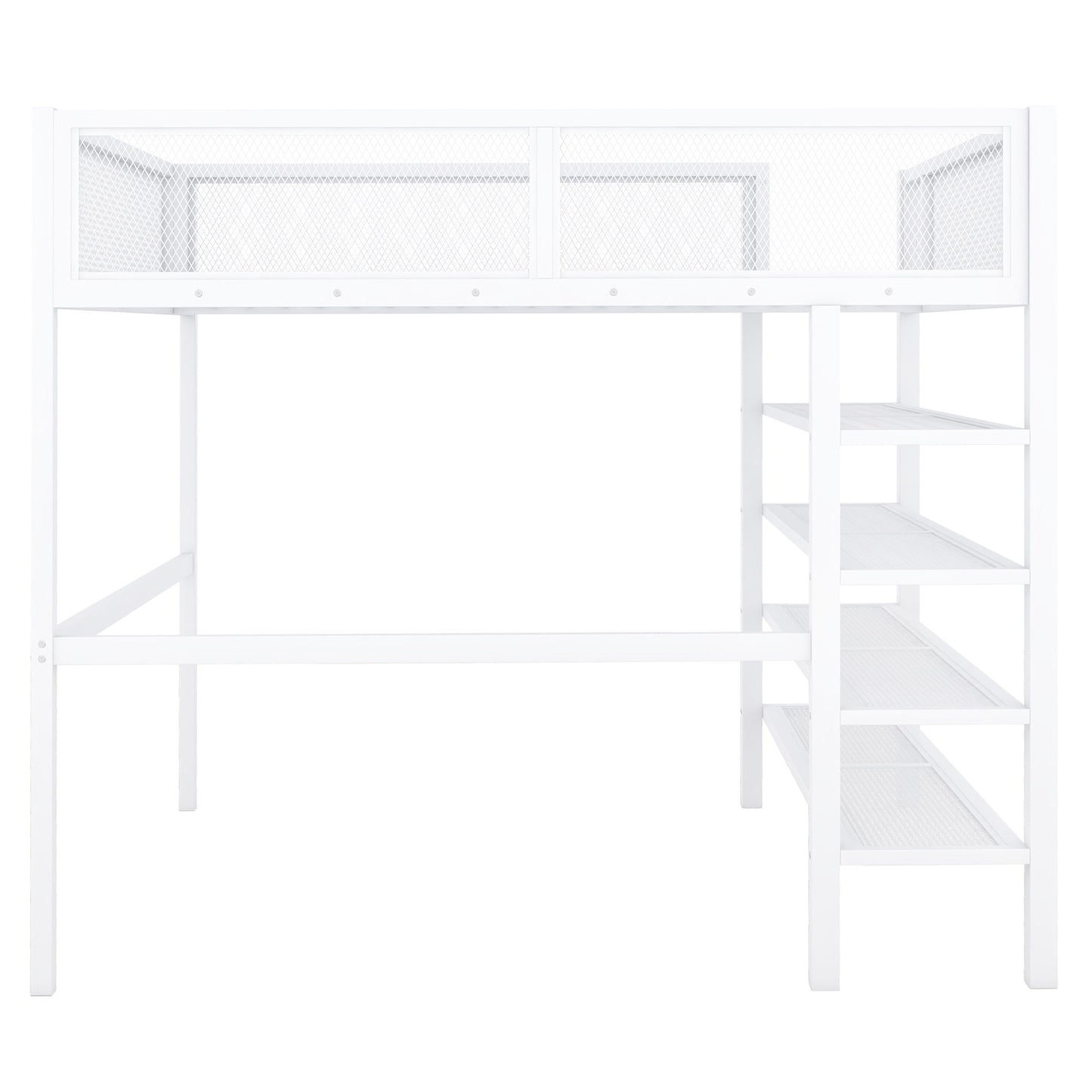 Full Size Loft Bed With 4 Tier Shelves And Storage - White