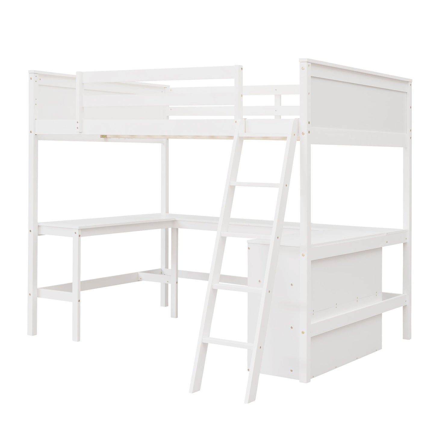 Full Size Loft Bed With Shelves With Desk - White