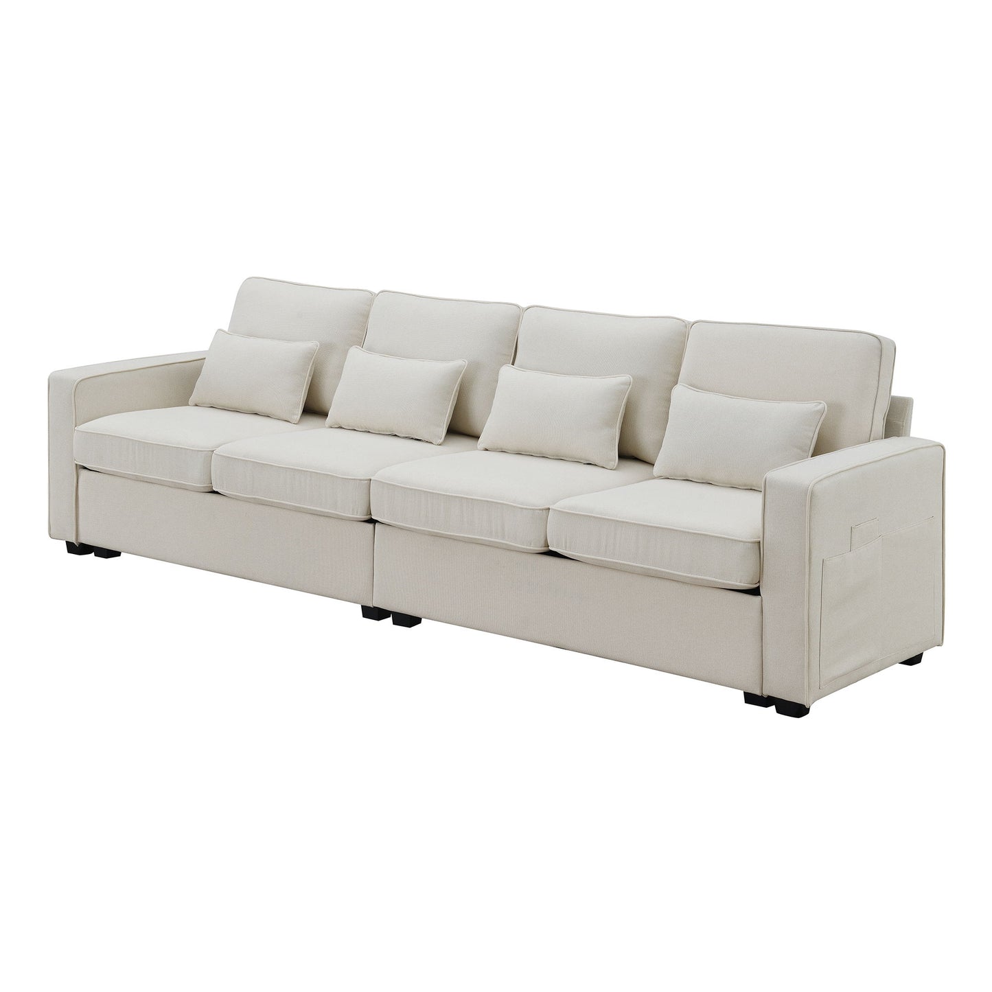 4 Seater Modern Linen Sofa With Armrest Pockets And 4 Pillows, Minimalist Style Couch - Beige
