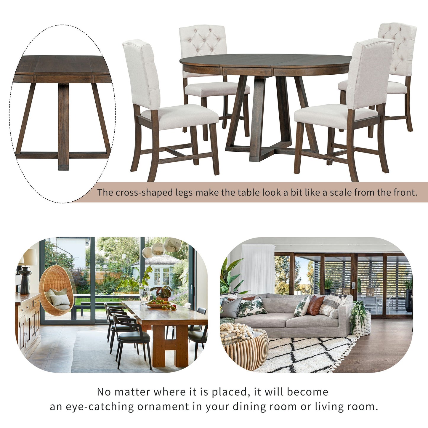 5 Piece Retro Functional Dining Set, Round Table With Leaf And 4 Upholstered Chairs For Dining Room And Living Room - Walnut