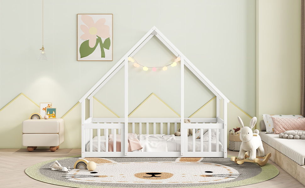 Twin Wood House-Shaped Floor Bed With Fence, Guardrails - White