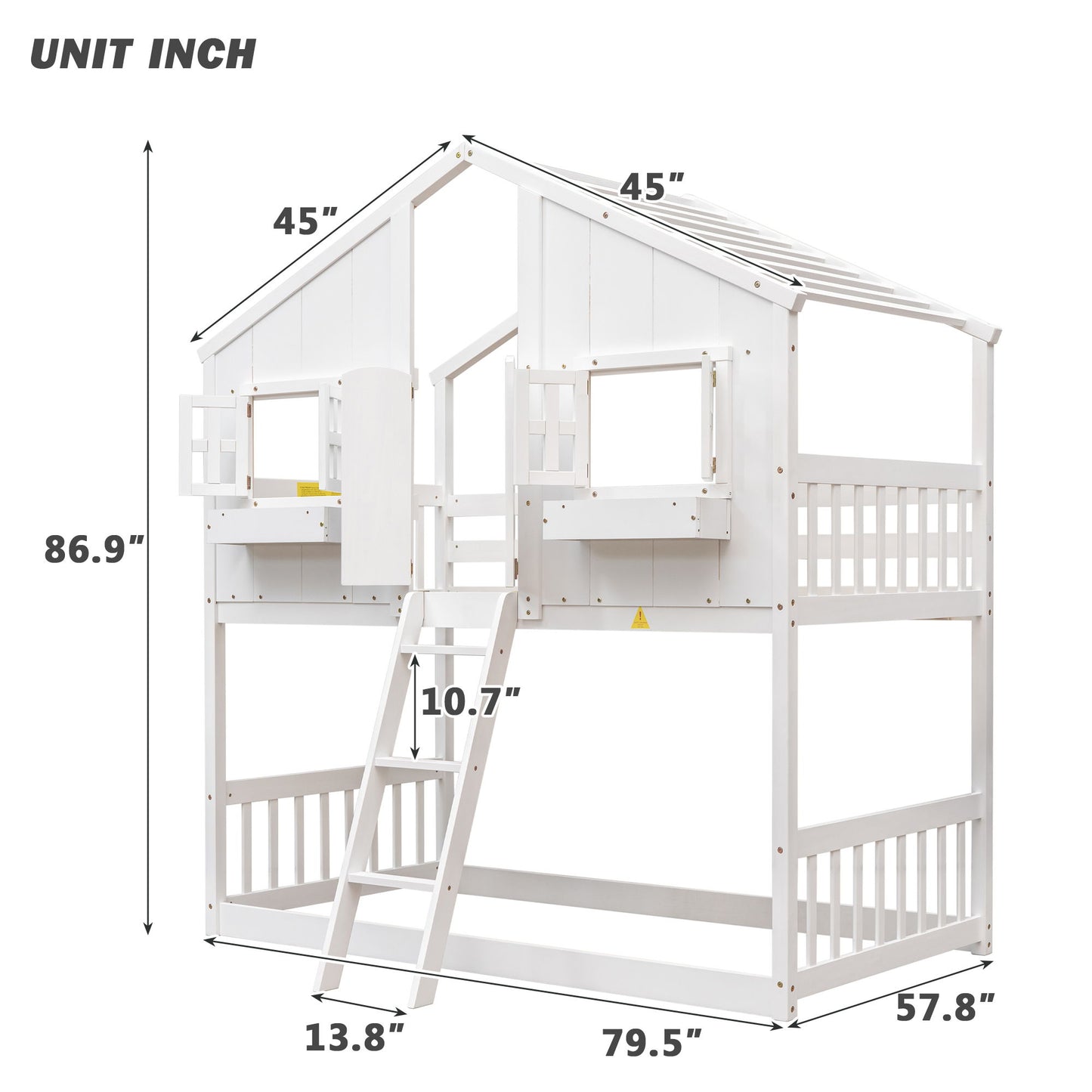 Twin Over Twin House Bunk Bed With Roof, Window, Window Box, Door, With Safety Guardrails And Ladder - White