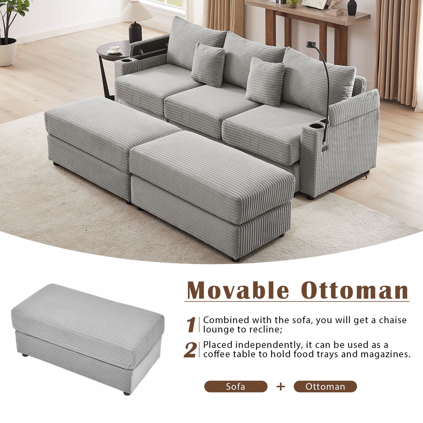 Modern Style 3 - Seater Sofa Sectional Sofa Couch With Storage Space, Two Movable Ottomans, Two USB Ports, Two Cup Holders, A Phone Holder For Living Room - Gray