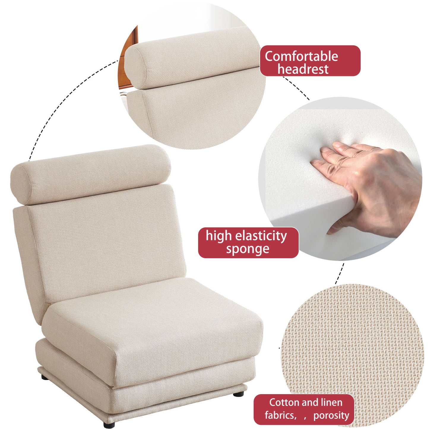 Single Sofa Chair Foldable Single Sofa Bed With Pillow, Portable Foldable Sofa Bed, Leisure Sofa Chair, Easy To Store, Made Of Breathable And Wearable Linen - Cream White