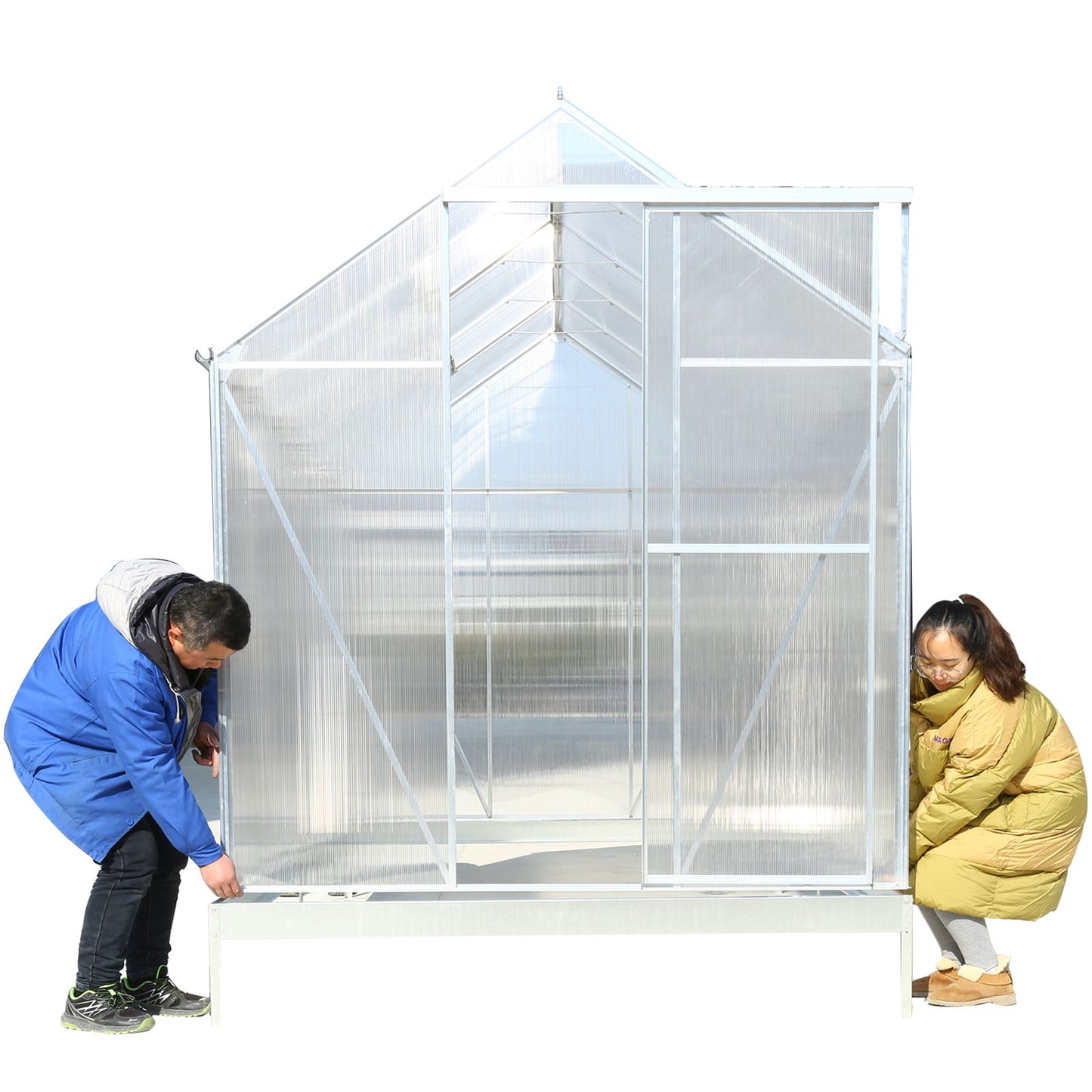 6.3'x10.2'x7' Polycarbonate Greenhouse, Heavy Duty Outdoor Aluminum Walk-In Green House Kit With Rain Gutter, Vent And Door For Backyard Garden - Aluminium