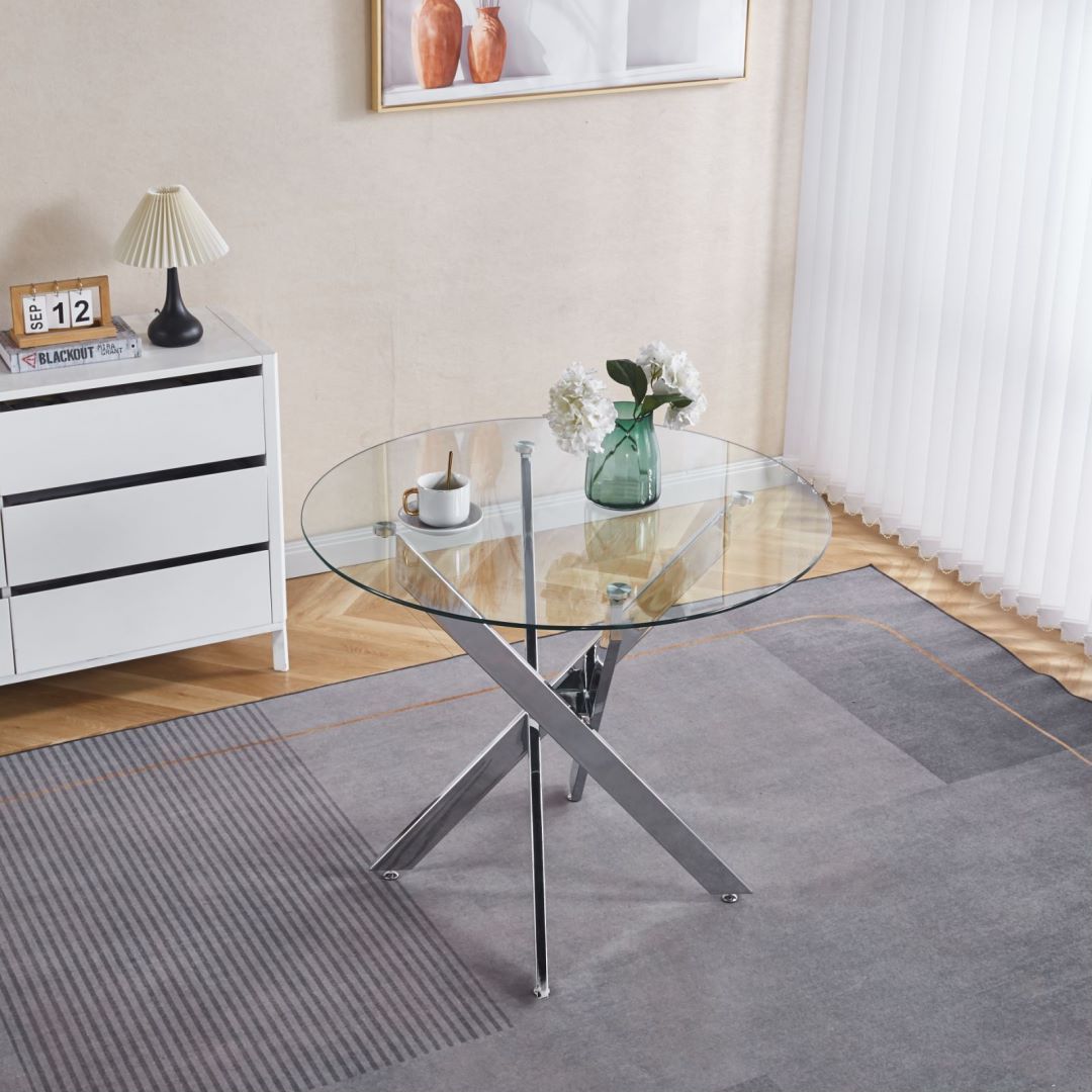 Dining Table With Cross Metal Leg And Tempered Glass, Modern Space Saving Kitchen Table For Living Room Legs - Chrome