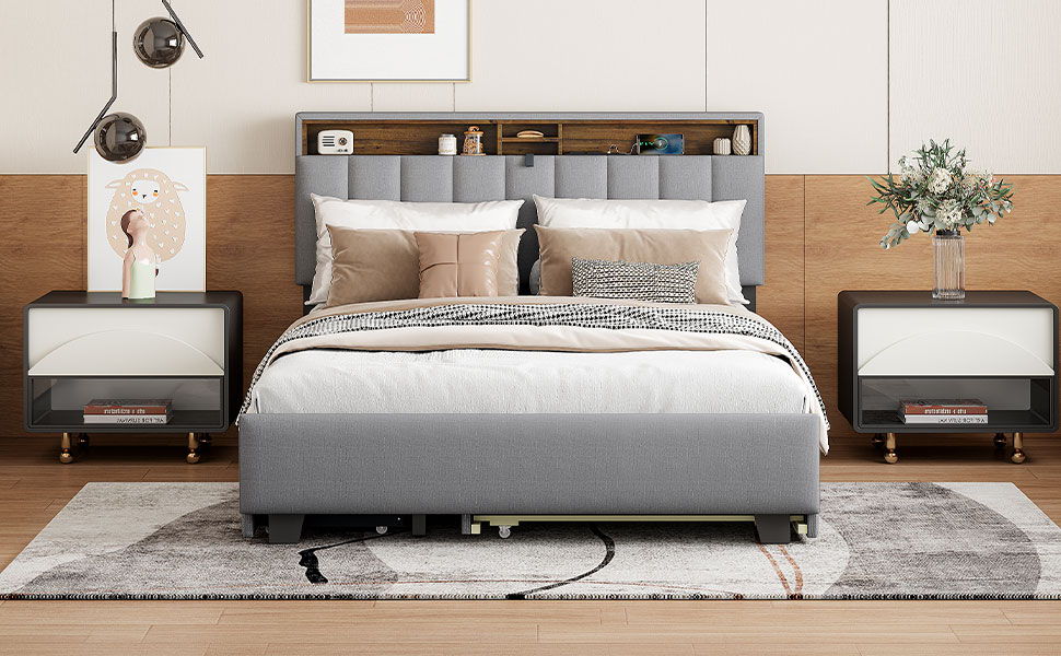 Queen Size Upholstered Platform Bed With Storage Headboard, Twin Long Size Trundle & 2 Drawers And A Set Of Sockets & USB Ports - Gray