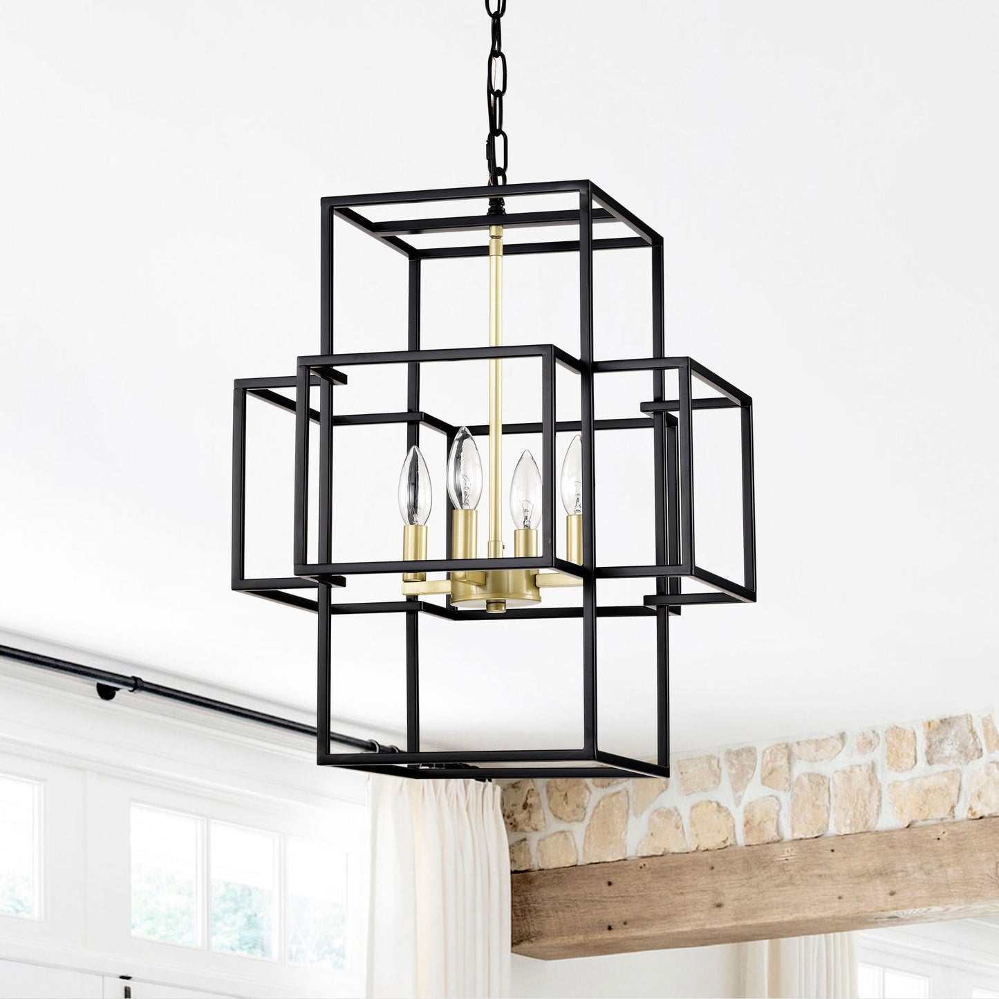 4 Light Metal Lantern Tiered Pendant Hanging Light Fixtures, Industrial Farmhouse Adjustable Height Chandeliers For Dining Room Hallway Foyer Entryway (E12 Bulbs Not Included) - Matte Black / Gold