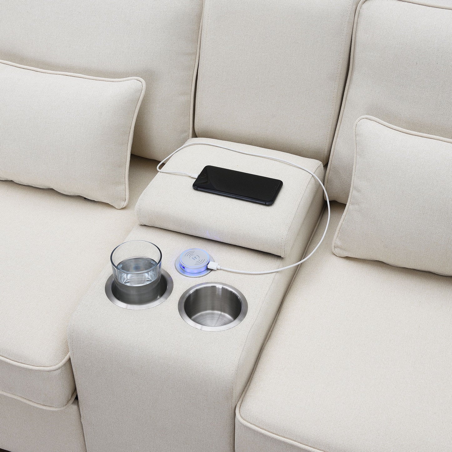Upholstered Sofa With Console, 2 Cupholders And 2 USB Ports Wired Or Wirelessly Charged, Modern Linen Fabric Couches With 4 Pillows (4 Seat) - Beige
