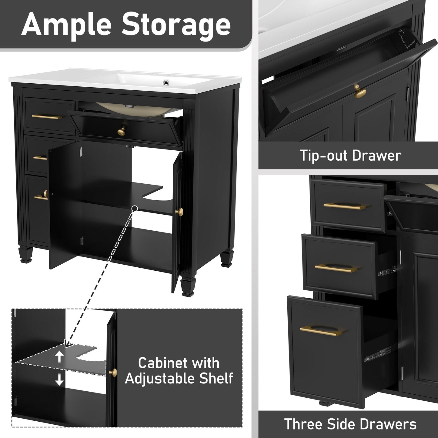 Modern Bathroom Vanity With Ceramic Sink, Freestanding, One Tip - Out Drawer, 3 Side Drawers, Adjustable Shelf - Beige