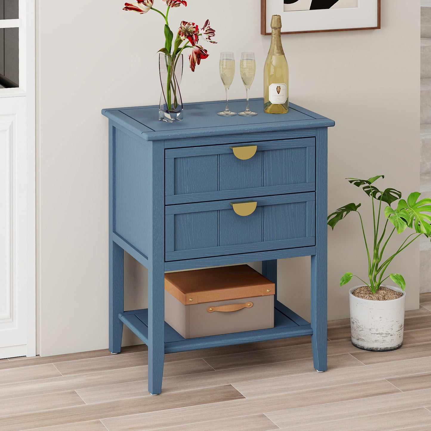 2 Drawer Side Table, American Style, End Table, Suitable For Bedroom - Blue