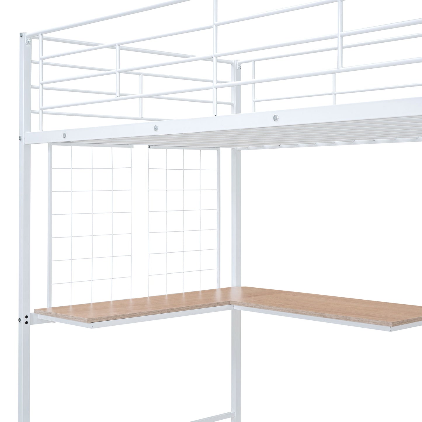 Twin Size Loft Bed With Desk And Grid, Stylish Frame With Lateral Storage Ladder And Wardrobe - White
